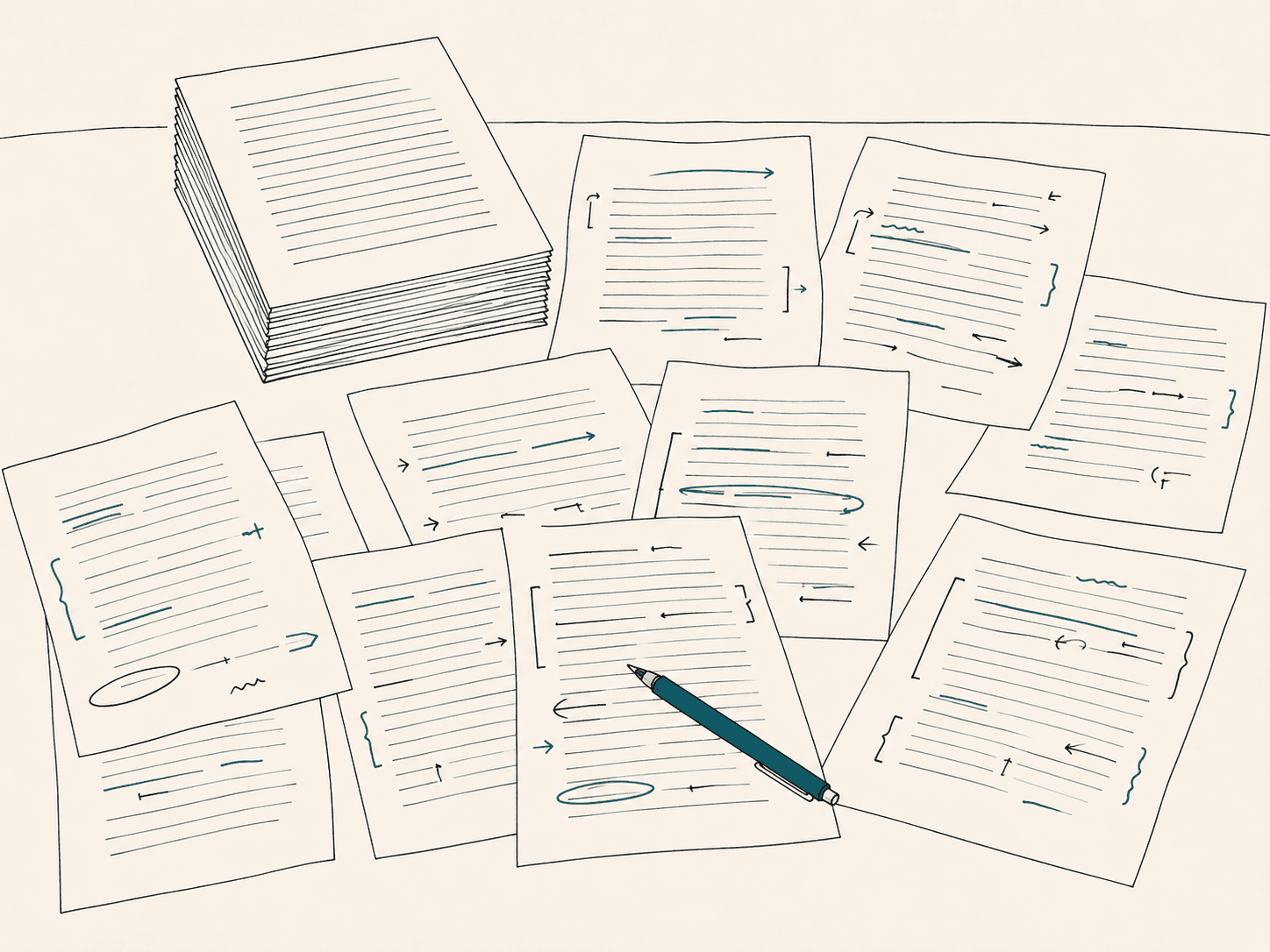 Multiple manuscript pages spread across a desk, densely annotated with handwritten feedback marks.