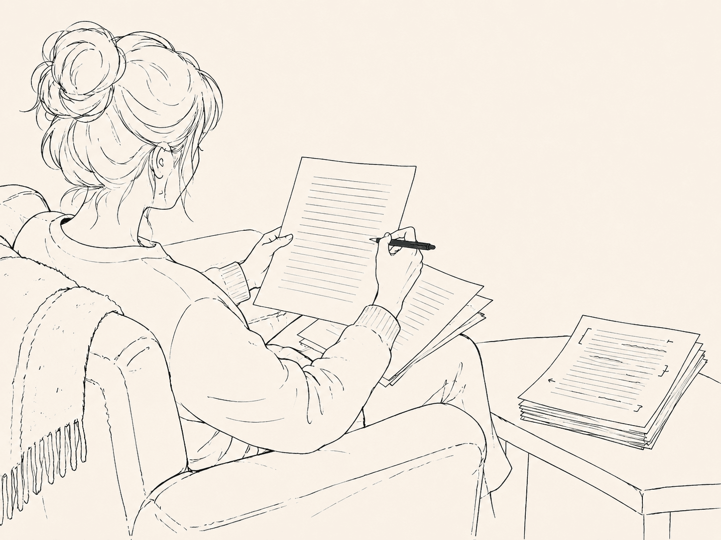 A romance reader reviewing manuscript pages in an armchair, pen in hand, making notes.