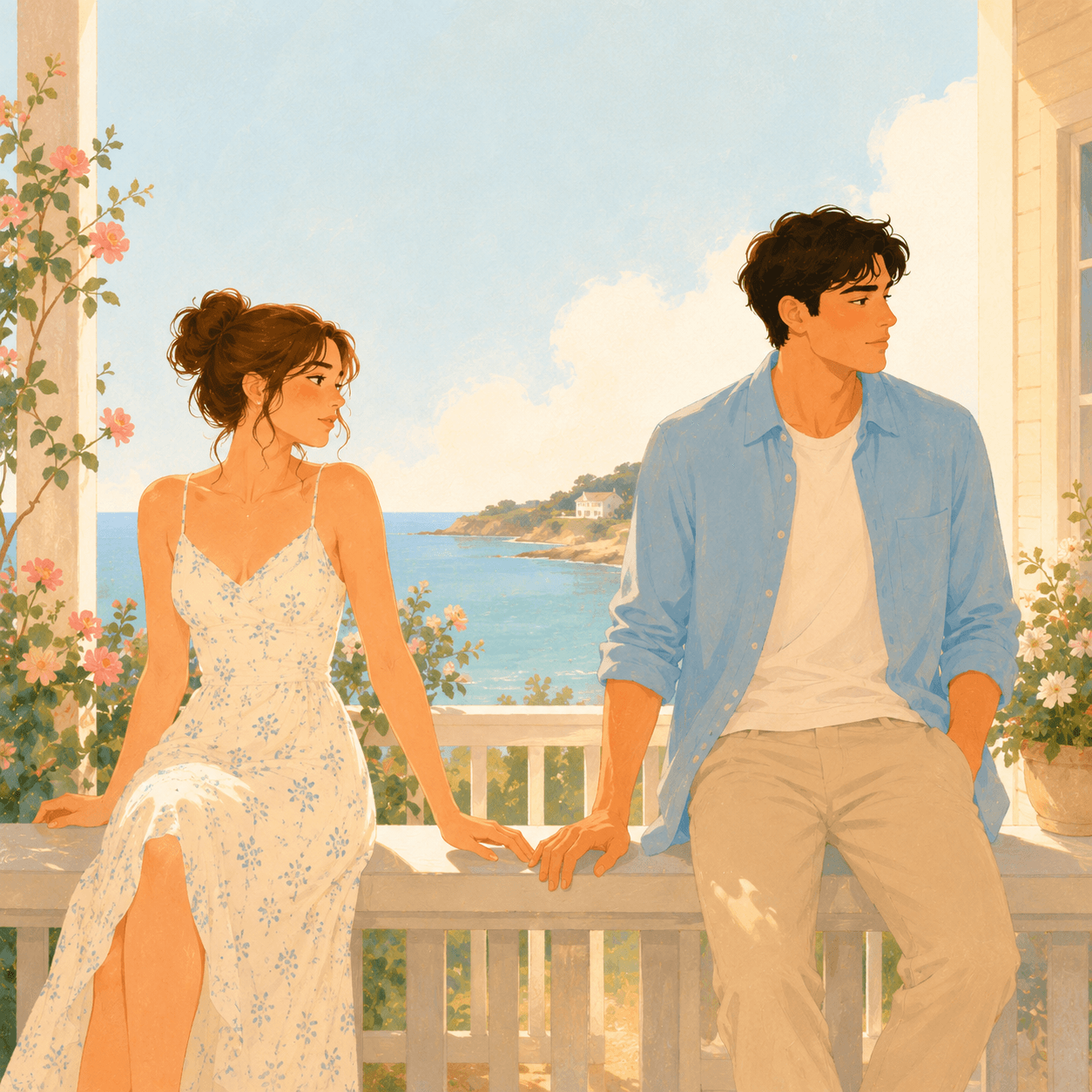 Second Chance. Two figures on a sunlit porch, hands near hands on railing.
